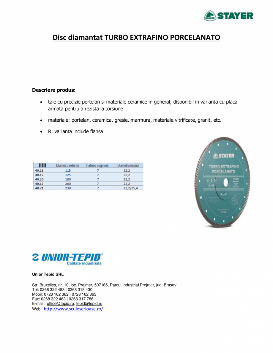 Pagina 1-Disc diamantat  STAYER TURBO EXTRAFINO PORCELANATO Fisa tehnica Romana Disc diamantat TURBO...