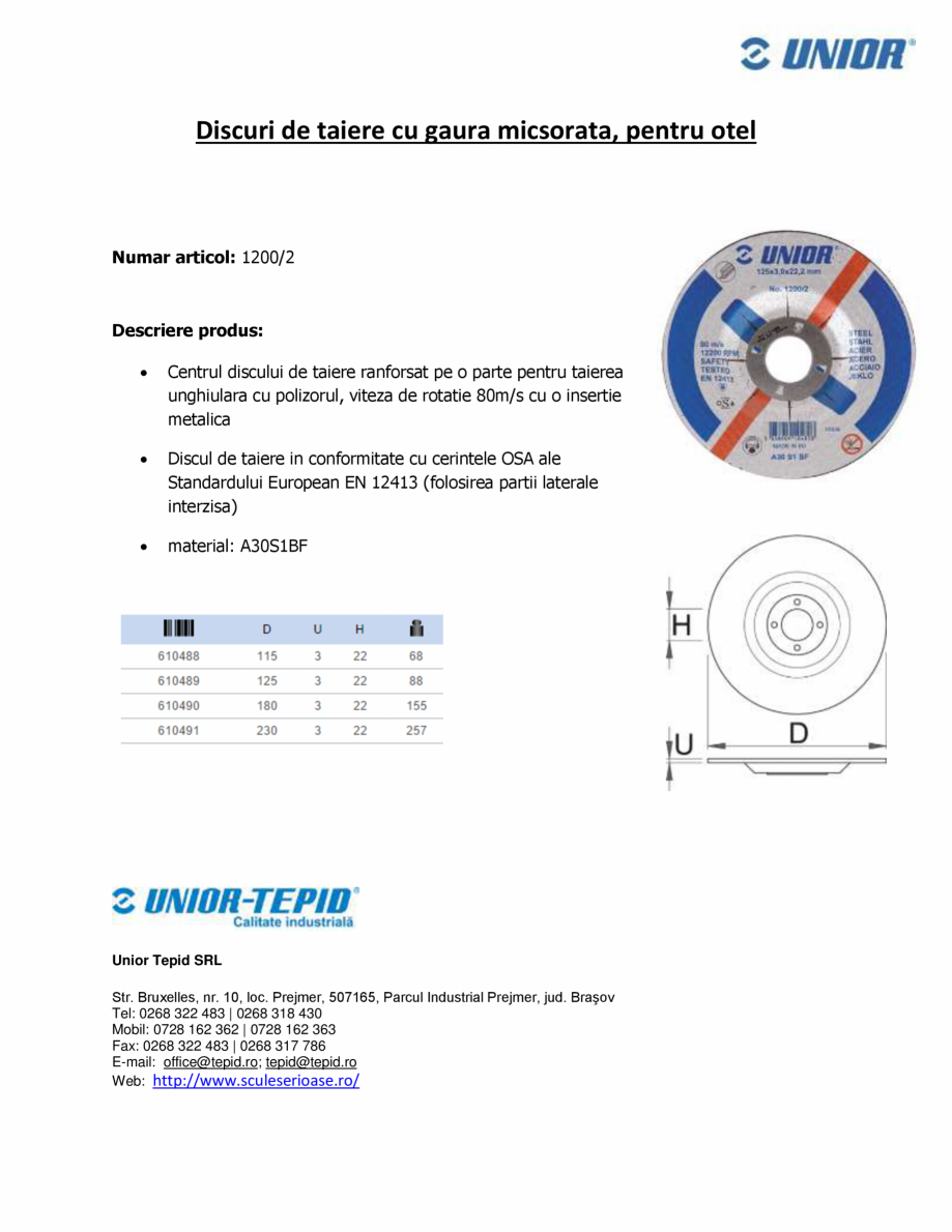 Pagina 1-Discuri de taiere cu gaura micsorata, pentru otel STAYER 1200/2 Fisa tehnica Romana Discuri de...