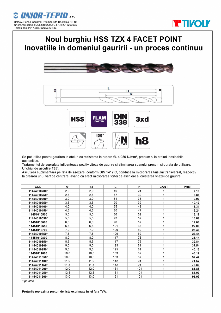 Pagina 1-Burghiu TIVOLY HSS TZX 4FACET POINT Fisa tehnica Romana S.R.L.
Brasov, Parcul Industrial Prejmer,...