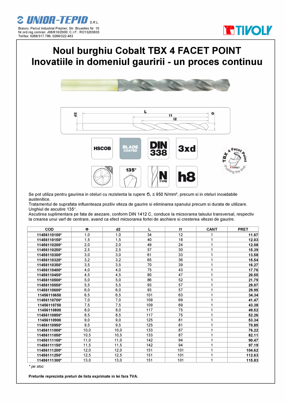 Pagina 1-Burghiu cobalt TIVOLY TBX 4FACET POINT Fisa tehnica Romana S.R.L.
Brasov, Parcul Industrial Prejmer,...