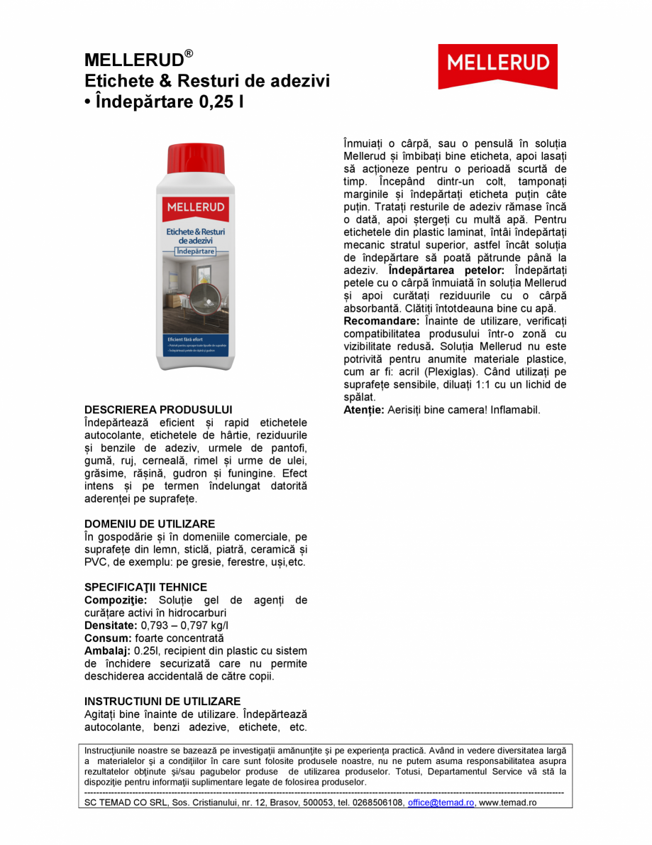 Pagina 1 - Soluție pentru îndepărtarea reziduurilor de adeziv  Mellerud Chemie GMBH 760018...