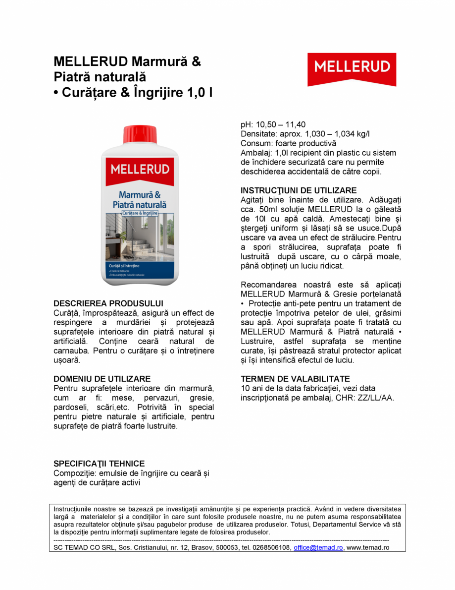 Pagina 1 - Soluție pentru curățarea și îngrijirea marmurei  Mellerud Chemie GMBH 760024...