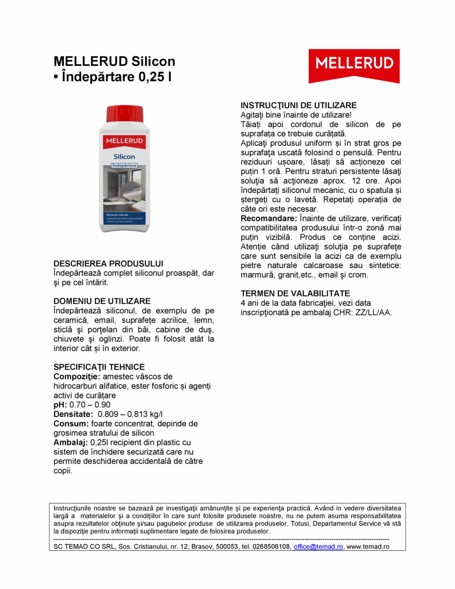 Pagina 1-Soluție pentru îndepărtarea siliconului  Mellerud Chemie GMBH 760033 Fisa tehnica Romana...