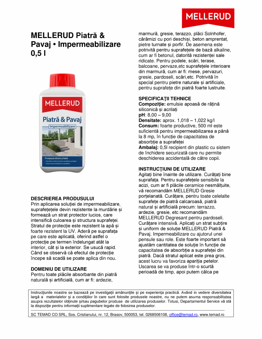 Pagina 1-Soluție pentru protecția suprafețelor din piatră  Mellerud Chemie GMBH 760034 Fisa tehnica...