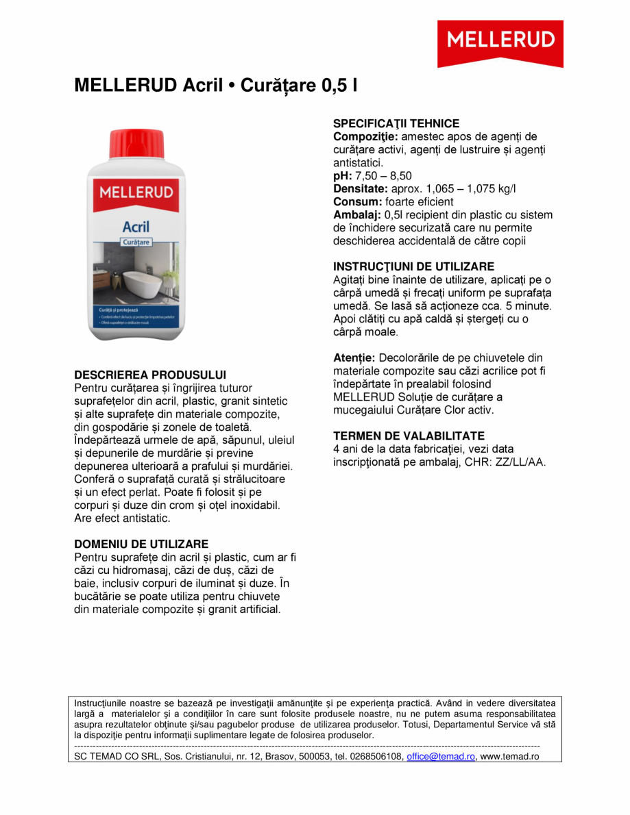 Pagina 1 - Soluție pentru curățarea și întreținerea cazilor din acril Mellerud Chemie...