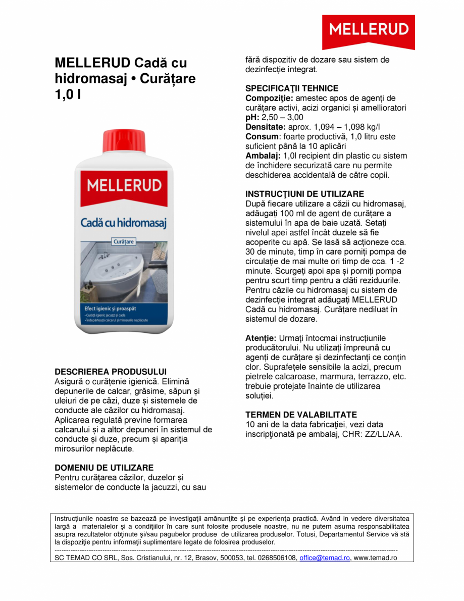 Pagina 1-Soluție pentru curățarea căzilor de baie cu hidromasaj  Mellerud Chemie GMBH 760039 Fisa tehnica...