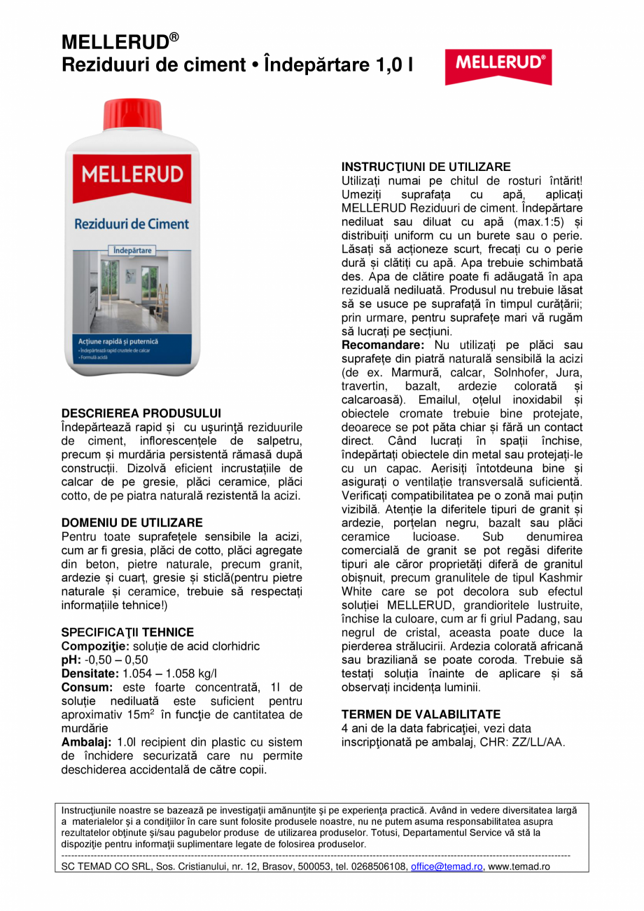 Pagina 1 - Soluție pentru îndepărtarea urmelor și petelor de ciment  Mellerud Chemie GMBH...