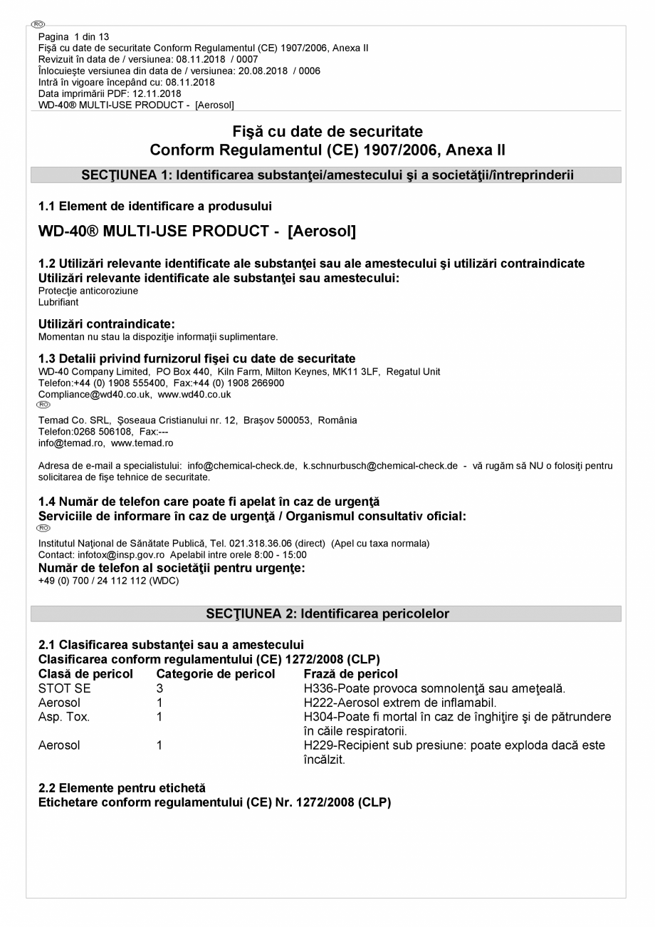 Pagina 1 - Lubrifiant multifunctional - fisa de securitate WD-40 Smart Straw Fisa tehnica Romana...