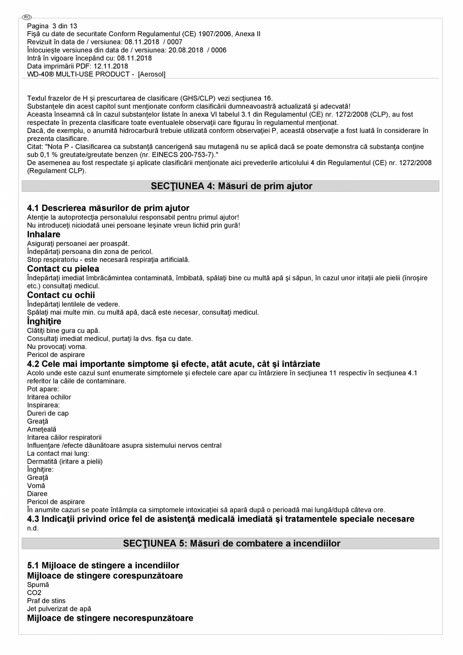 Pagina 3 - Lubrifiant multifunctional - fisa de securitate WD-40 Smart Straw Fisa tehnica Romana...