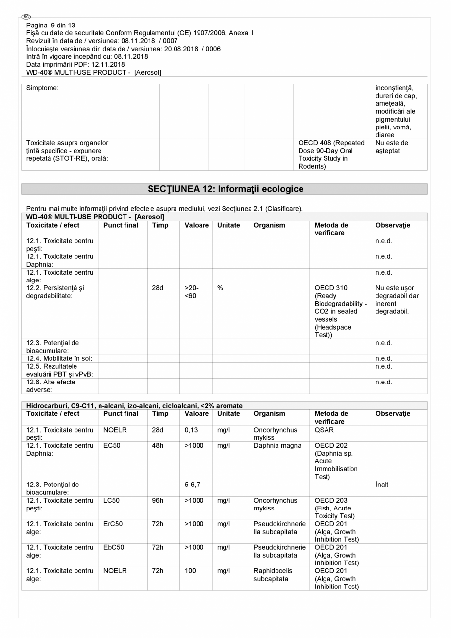Pagina 9 - Lubrifiant multifunctional - fisa de securitate WD-40 Smart Straw Fisa tehnica Romana a...