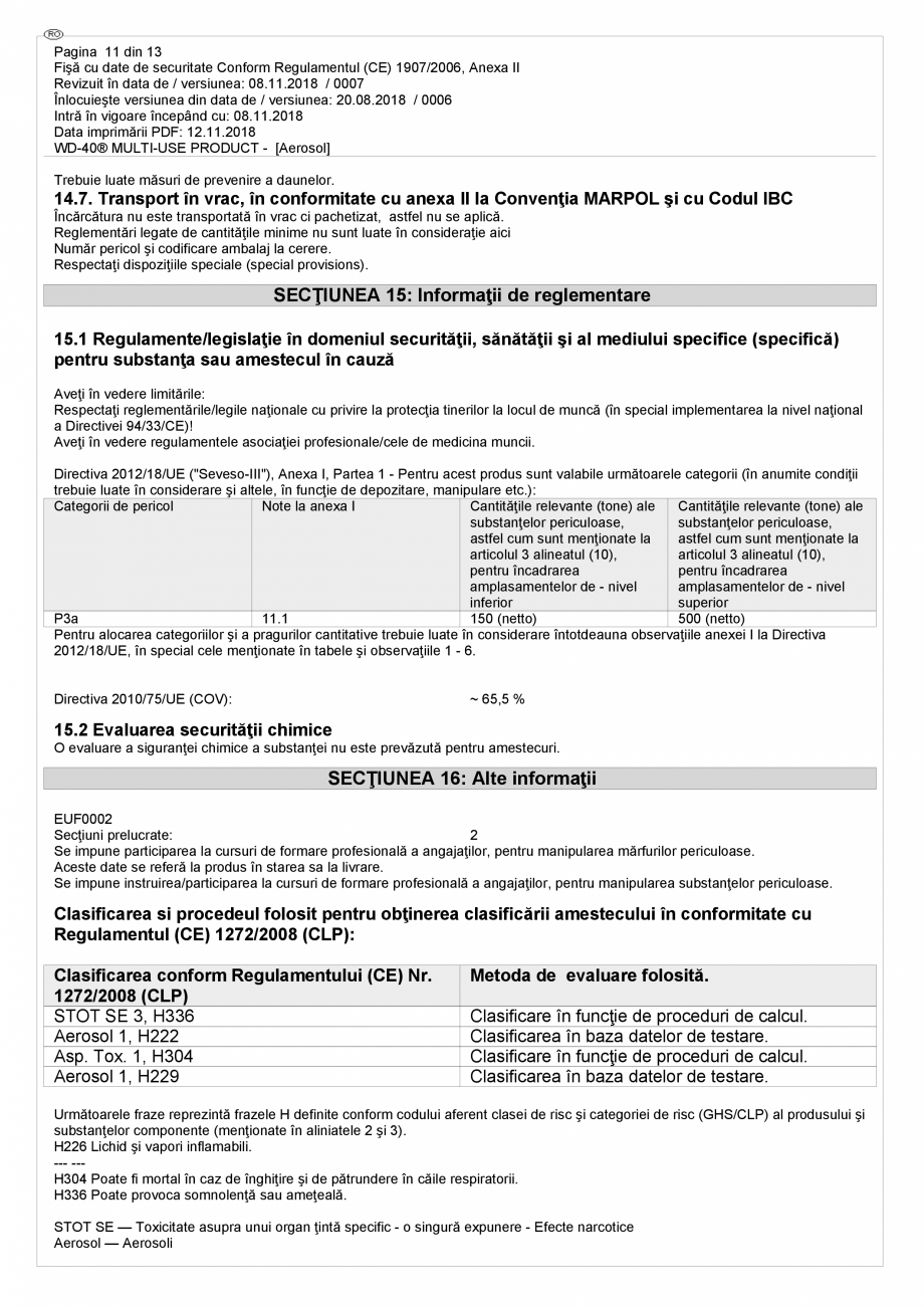 Pagina 11 - Lubrifiant multifunctional - fisa de securitate WD-40 Smart Straw Fisa tehnica Romana ru...