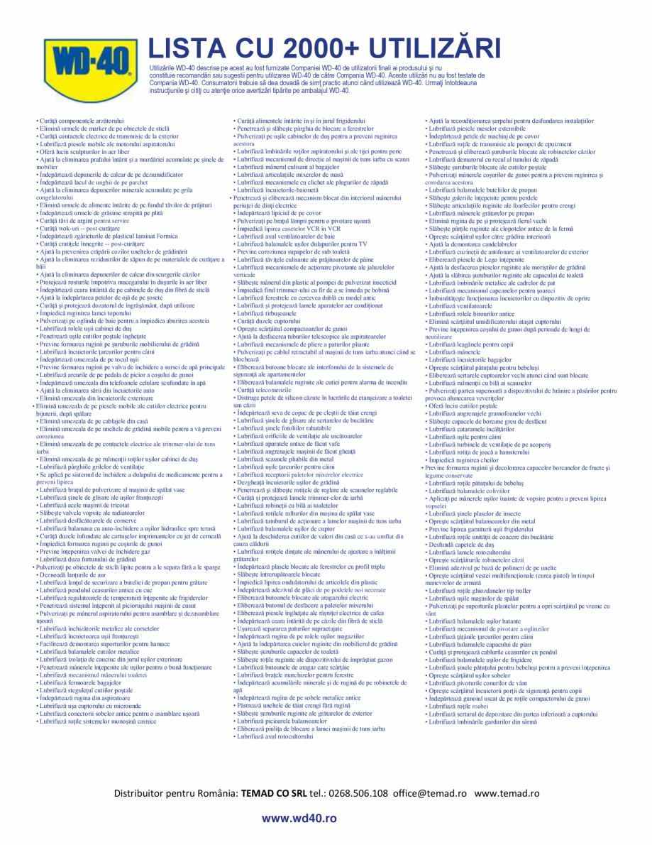 Pagina 2 - Lista cu cele 2000 de aplicatii pentru lubrifiantul multifunctional WD-40 Smart Straw...