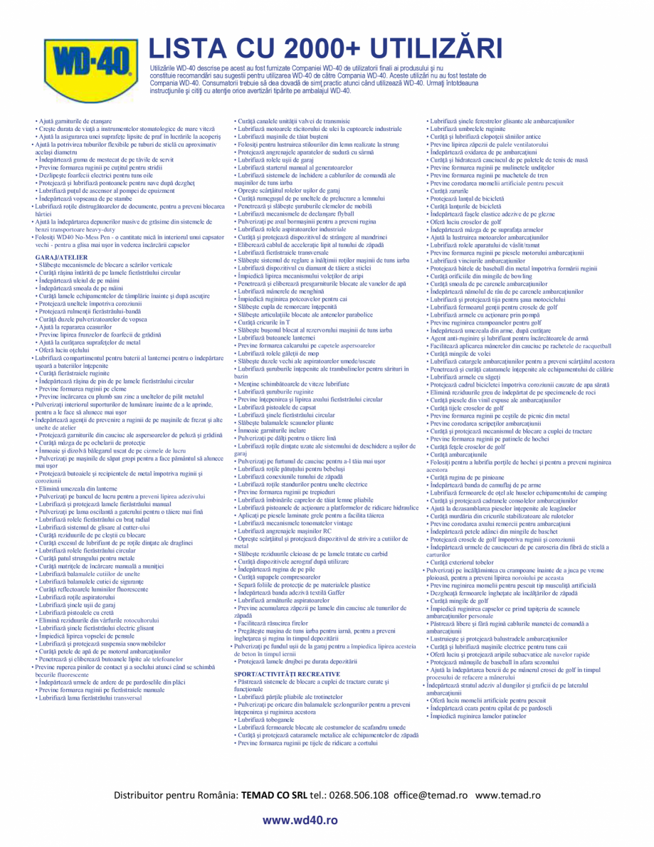Pagina 7 - Lista cu cele 2000 de aplicatii pentru lubrifiantul multifunctional WD-40 Smart Straw...