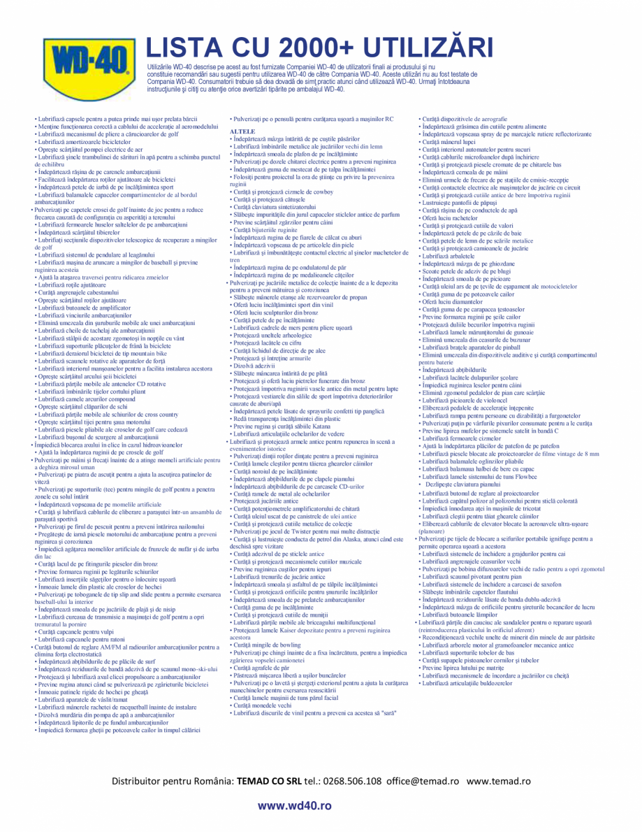 Pagina 9 - Lista cu cele 2000 de aplicatii pentru lubrifiantul multifunctional WD-40 Smart Straw...