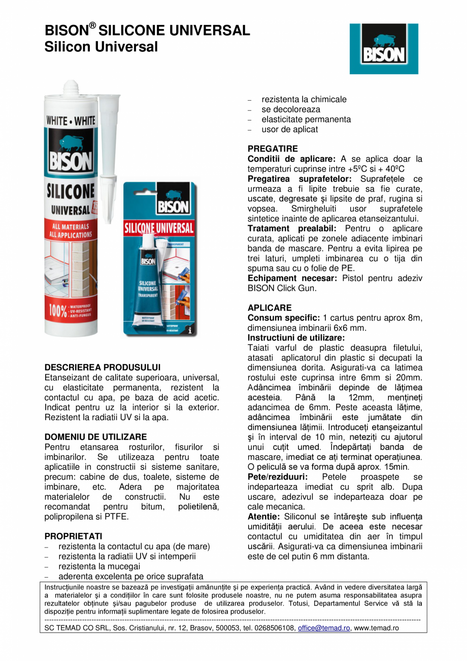 Pagina 1 - Silicon Universal BISON, alb, 280ml BISON Silicon Universal alb Fisa tehnica Romana...