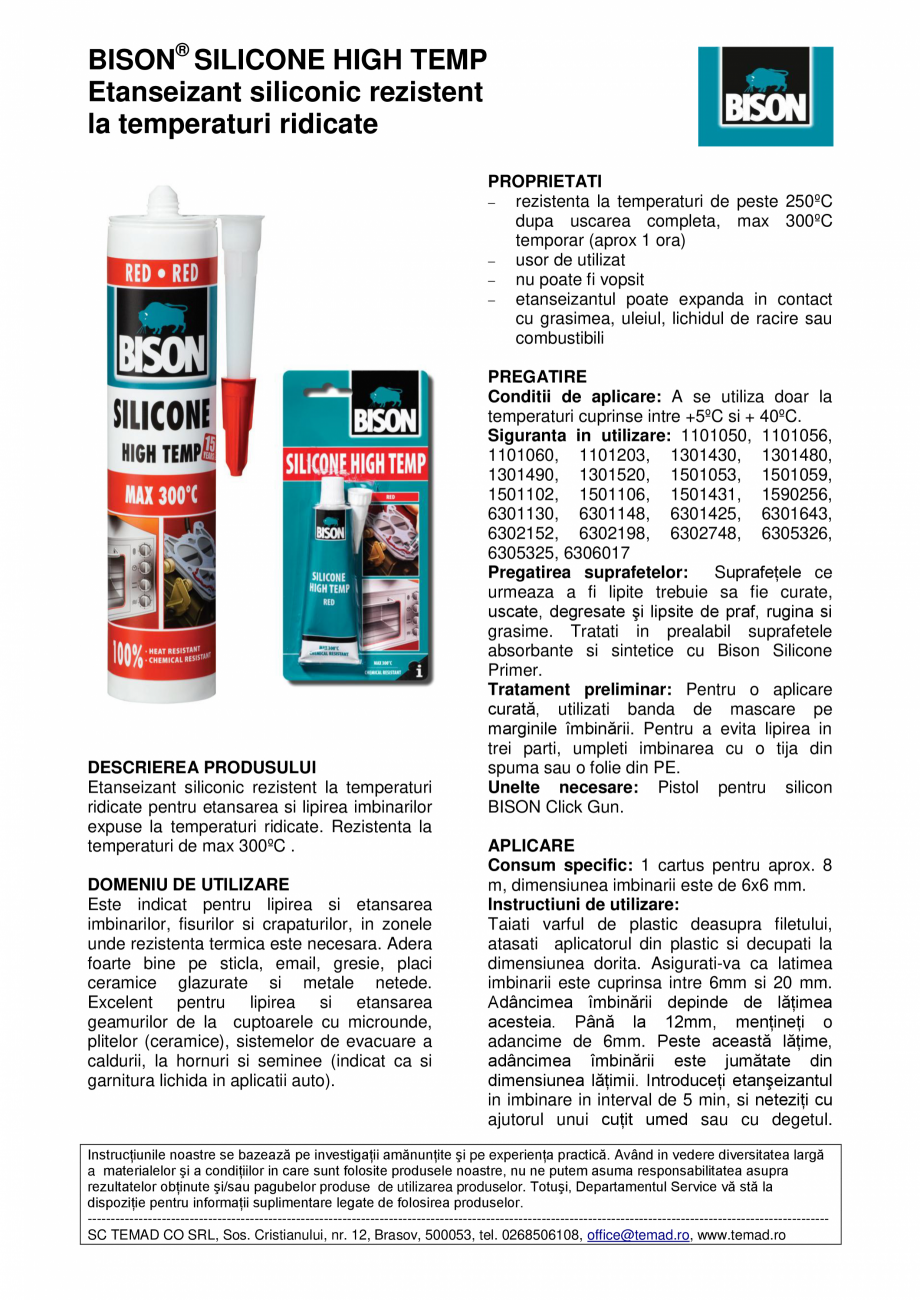 Pagina 1 - Etanseizant siliconic rezistent  la temperaturi ridicate BISON High Temp Fisa tehnica...