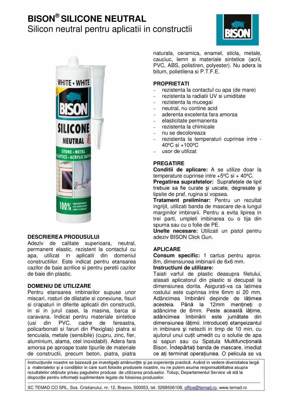 Pagina 1-Silicon neutral pentru aplicatii in constructii BISON Fisa tehnica Romana BISON® SILICONE NEUTRAL...