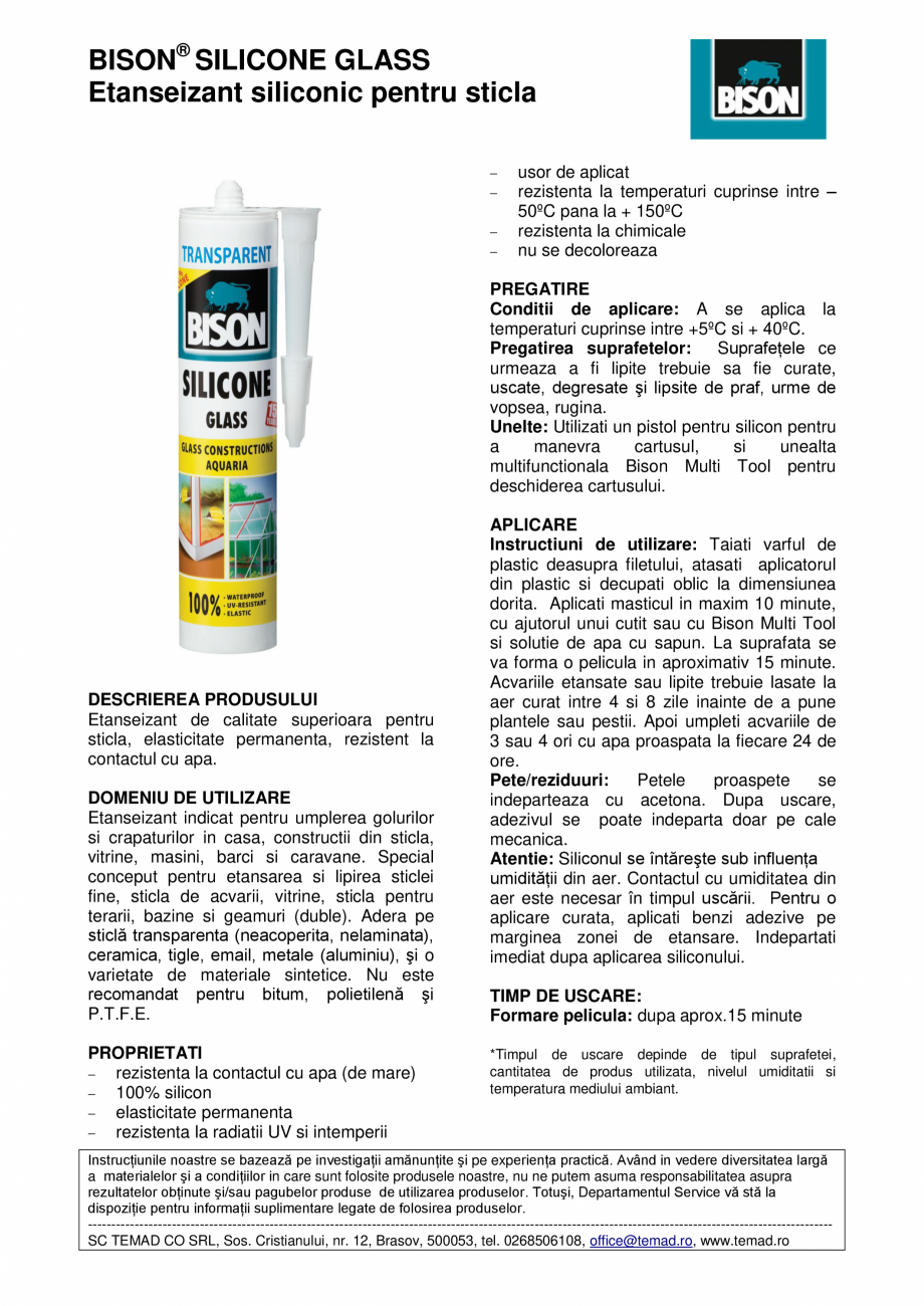 Pagina 1 - Etanseizant siliconic pentru sticla BISON Glass Fisa tehnica Romana BISON® SILICONE...