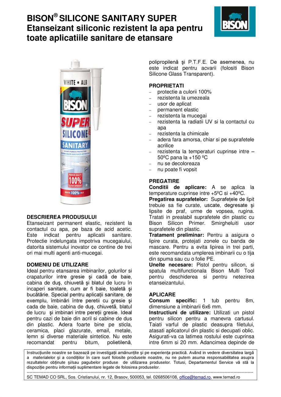 Pagina 1-Etanseizant siliconic rezistent la apa pentru toate aplicatiile sanitare de etansare BISON Super...