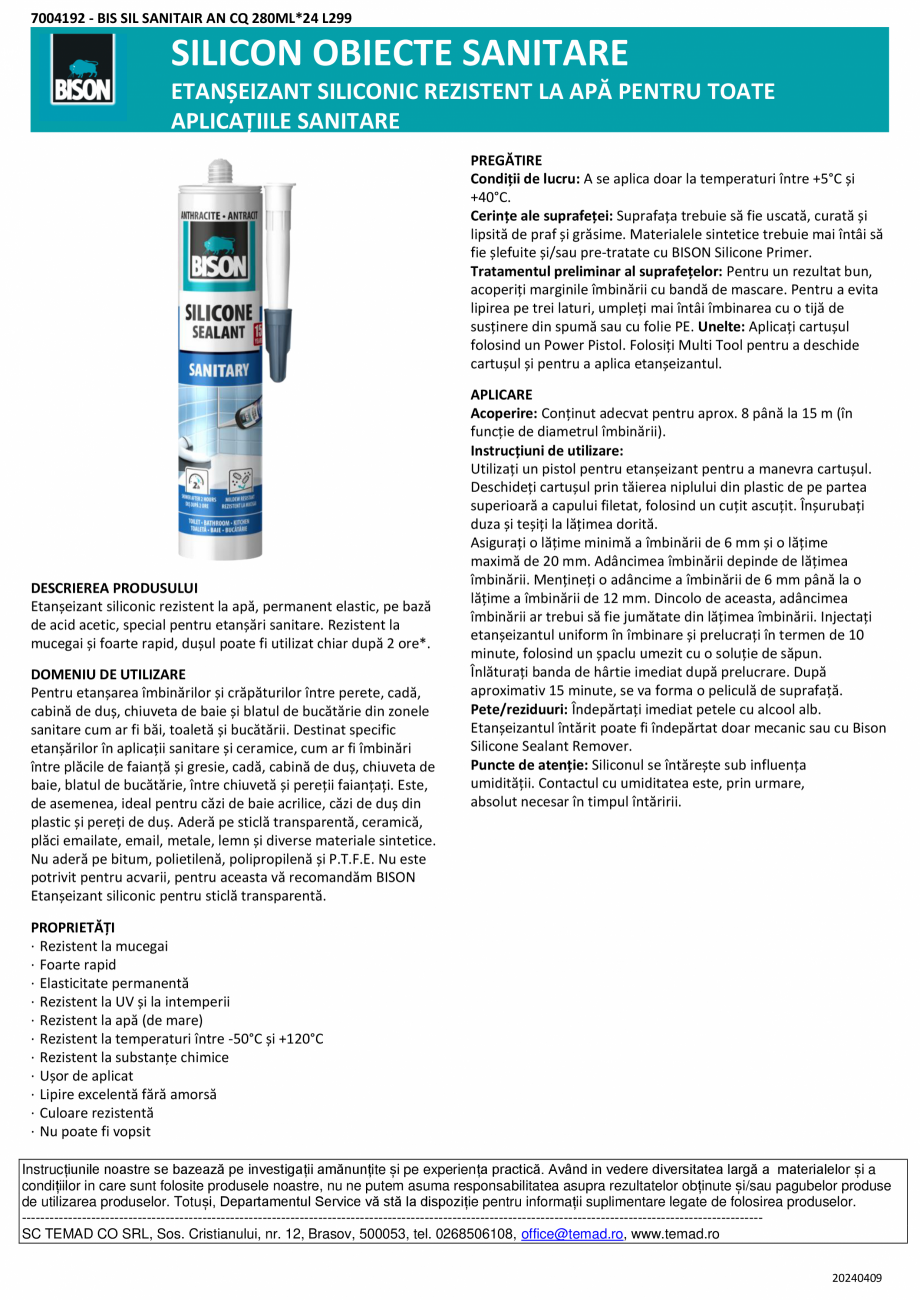 Pagina 1 - Silicon Sanitar BISON Sanitar  Fisa tehnica Romana 7004192 - BIS SIL SANITAIR AN CQ...