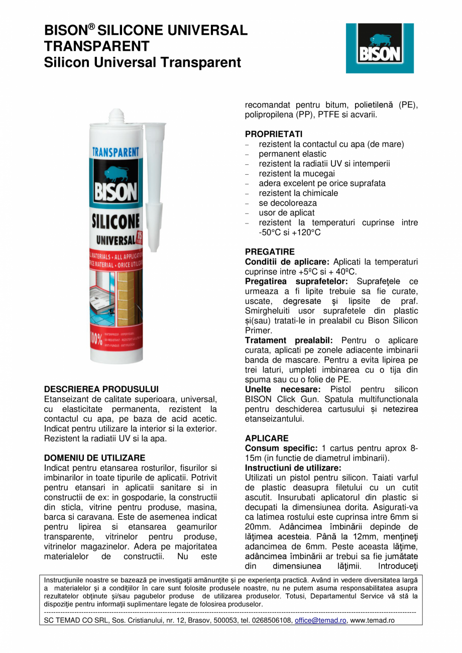 Pagina 1 - Silicon Universal Transparent BISON Fisa tehnica Romana BISON® SILICONE UNIVERSAL...