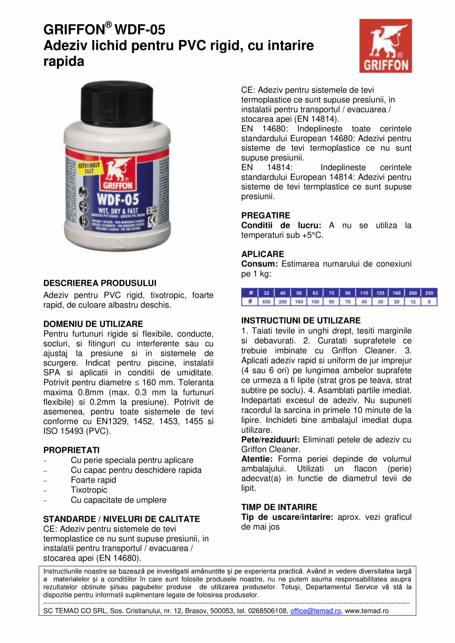 Pagina 1 - Adeziv lichid pentru PVC rigid, cu intarire rapida GRIFFON WDF-05 Fisa tehnica Romana...