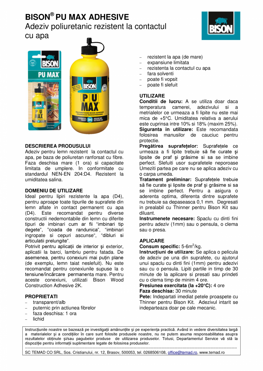 Pagina 1 - Adeziv poliuretanic pentru lemn rezistent la apa BISON D4 - PU Max Fisa tehnica Romana...
