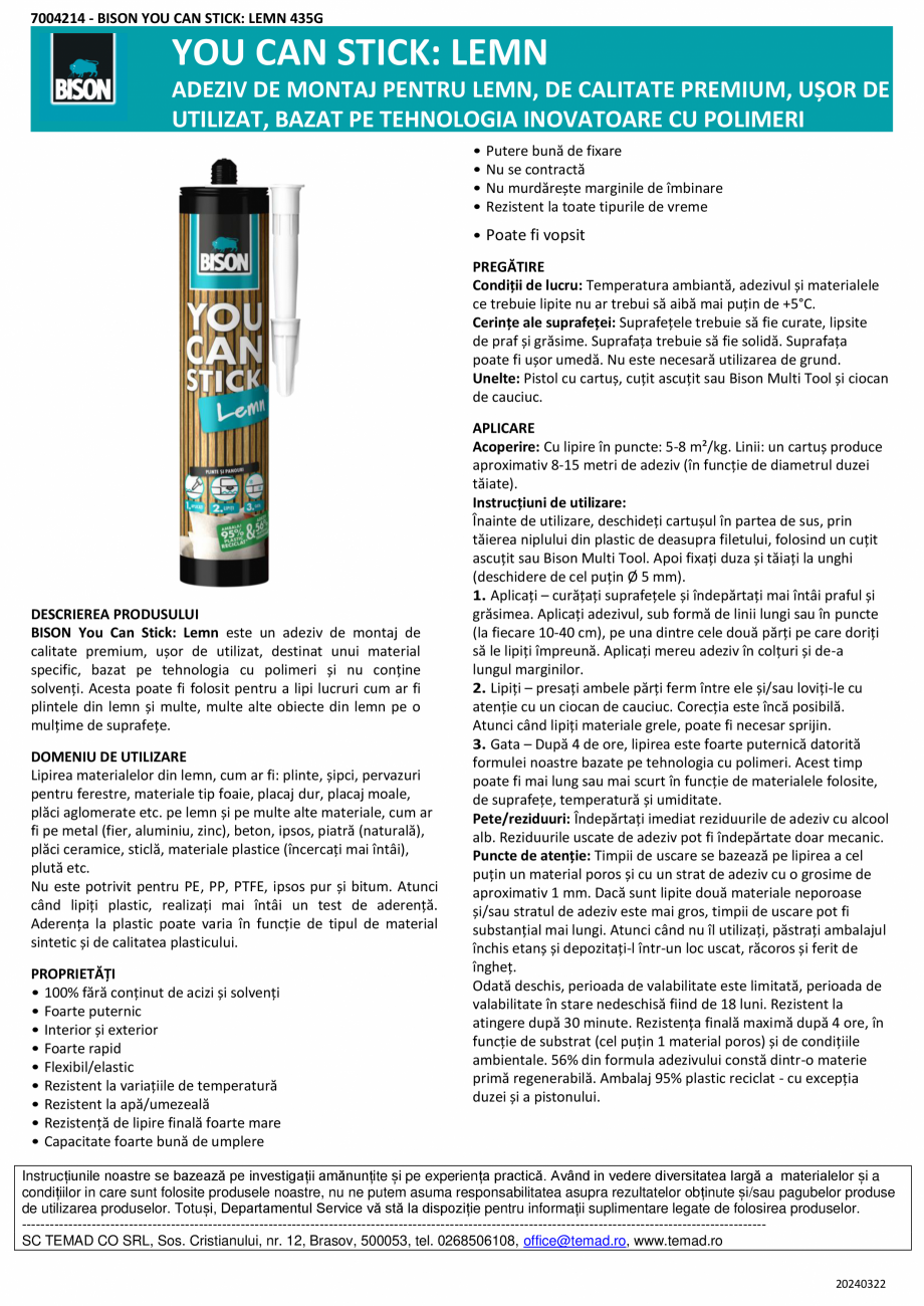Pagina 1-Adeziv PREMIUM pentru lemn BISON PREMIUM - You Can Stick Fisa tehnica Romana 7004214 - BISON YOU CAN...