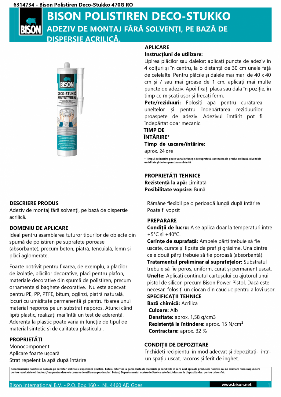 Pagina 1-Adeziv pentru polistiren  BISON Deco-Stukko Polystyrene Fisa tehnica Romana 6314734 - Bison...