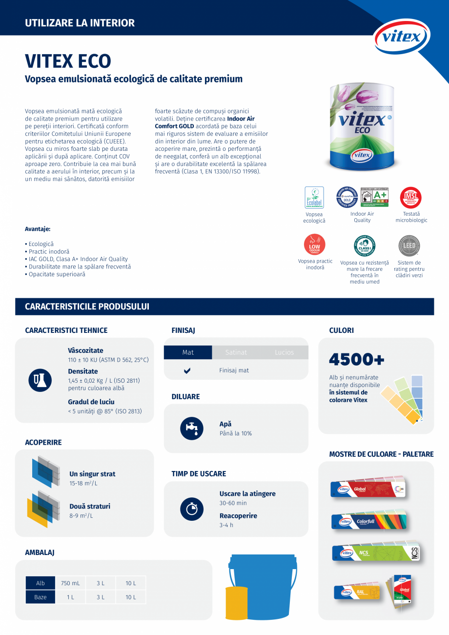 Pagina 1-Vopsea emulsionată ecologică de calitate premium VITEX Fisa tehnica Romana UTILIZARE LA INTERIOR

...