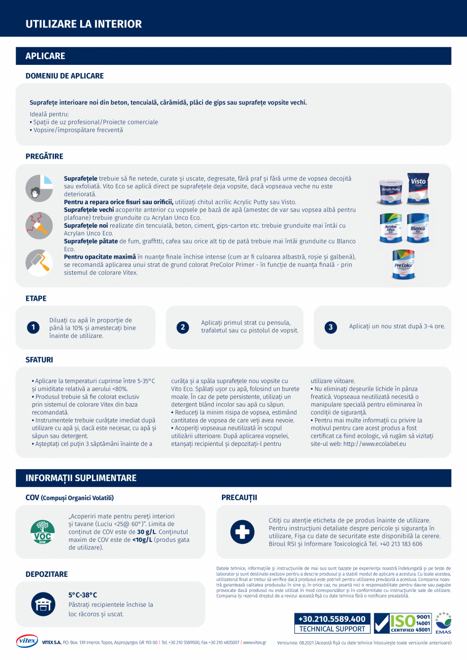 Pagina 2-Vopsea emulsionată ecologică pentru utilizare la interior VITEX VITO ECO Fisa tehnica Romana țe...