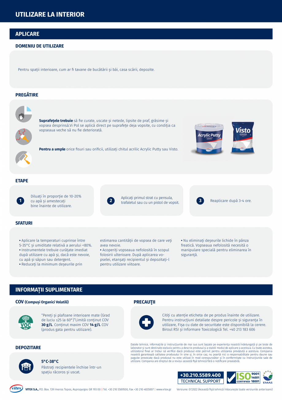 Pagina 2-Vopsea de interior  VITEX VIPOL Fisa tehnica Romana fi tavane de bucătării și băi, casa scării,...