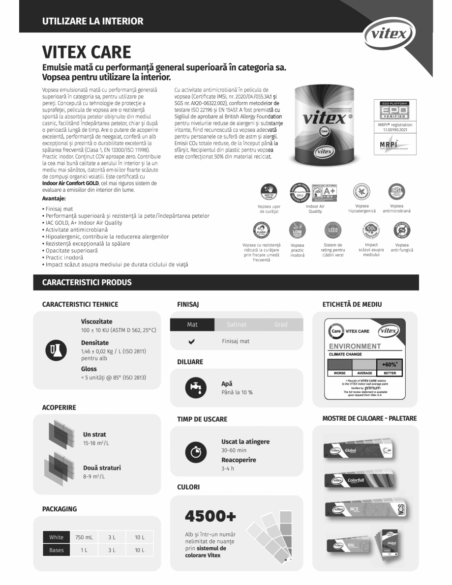 Pagina 1 - Vopsea pentru utilizare la interior vitex CARE Fisa tehnica Romana 
