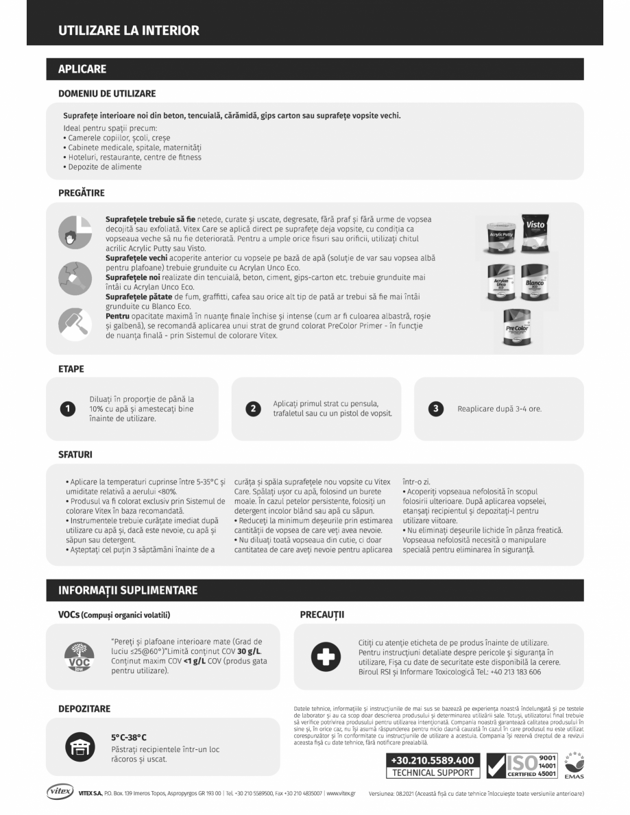 Pagina 2 - Vopsea pentru utilizare la interior vitex CARE Fisa tehnica Romana 