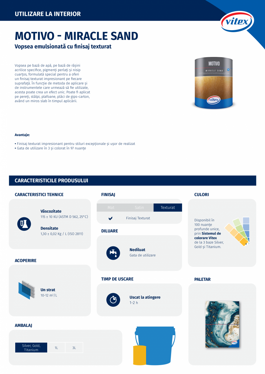 Pagina 1-Vopsea emulsionata cu finisaj texturat  VITEX Motivo Miracle Sand Fisa tehnica Romana UTILIZARE LA...