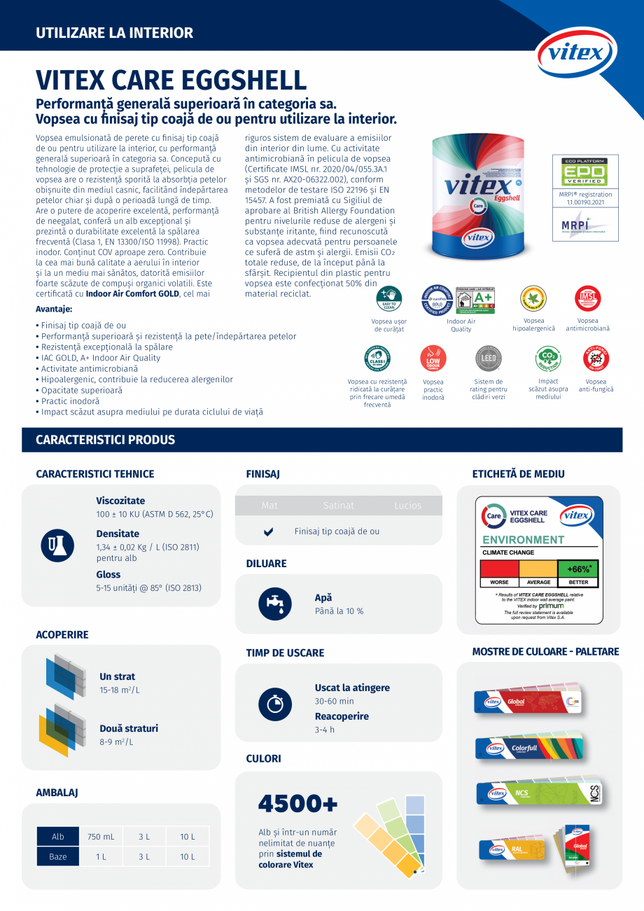 Pagina 1-Vopsea cu finisaj tip coajă de ou pentru utilizare la interior VITEX CARE EGGSHELL Fisa tehnica...