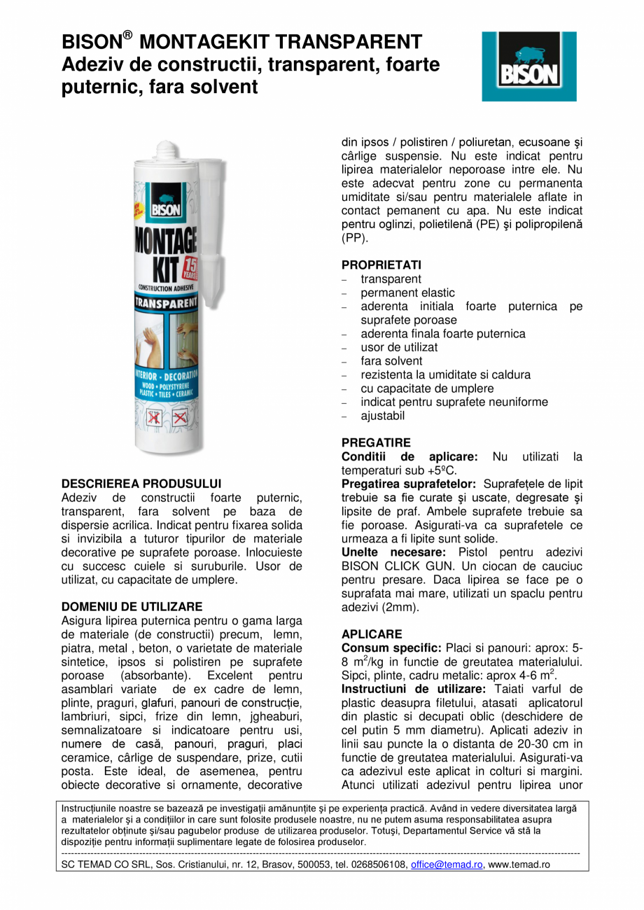 Pagina 1-Adeziv de constructii, transparent, foarte puternic, fara solvent BISON Montagekit transparent Fisa ...