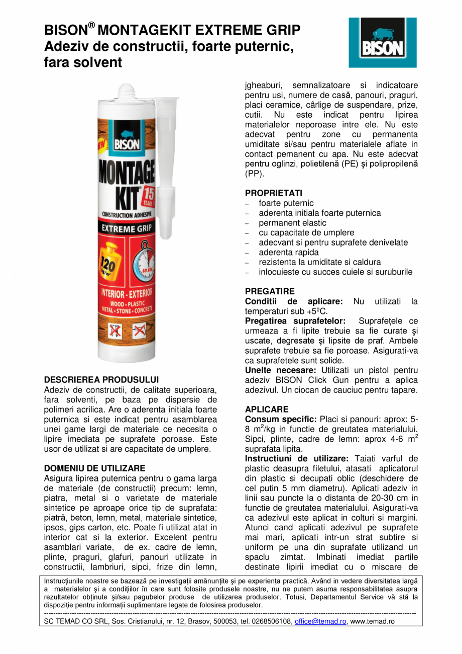 Pagina 1-Adeziv de constructii, foarte puternic,  fara solvent BISON Montage Kit Extreme Grip Fisa tehnica...