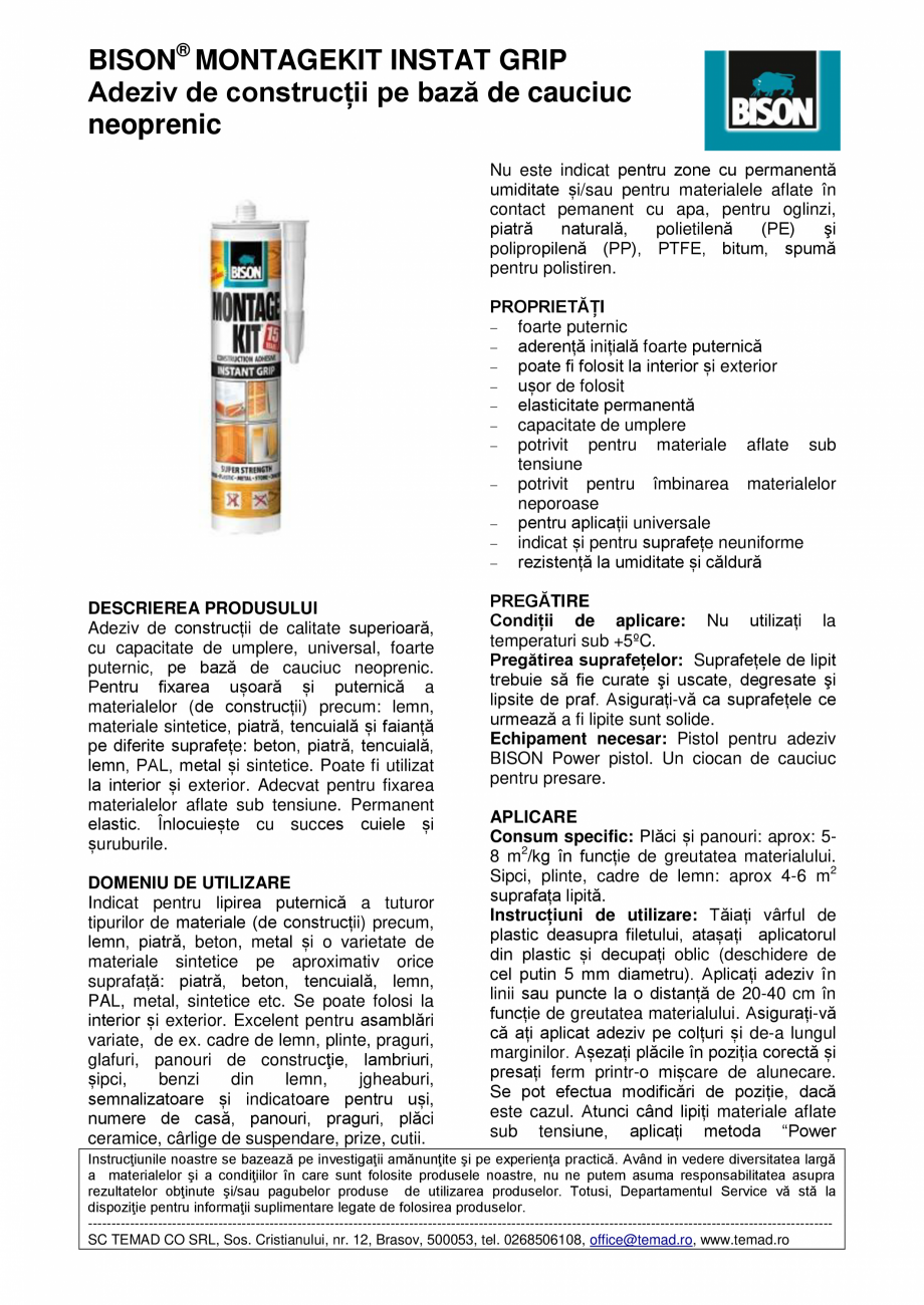 Pagina 1-Adeziv de construcții pe bază de cauciuc neoprenic BISON Montage Kit Instant Grip Fisa tehnica...