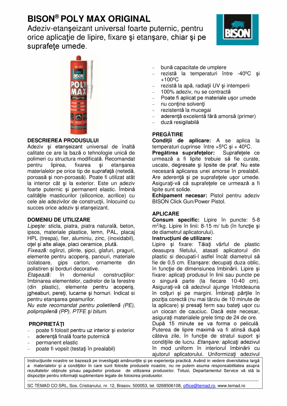 Pagina 1-BISON® POLY MAX ORIGINAL BISON Fisa tehnica Romana BISON® POLY MAX ORIGINAL
Adeziv-etanşeizant...