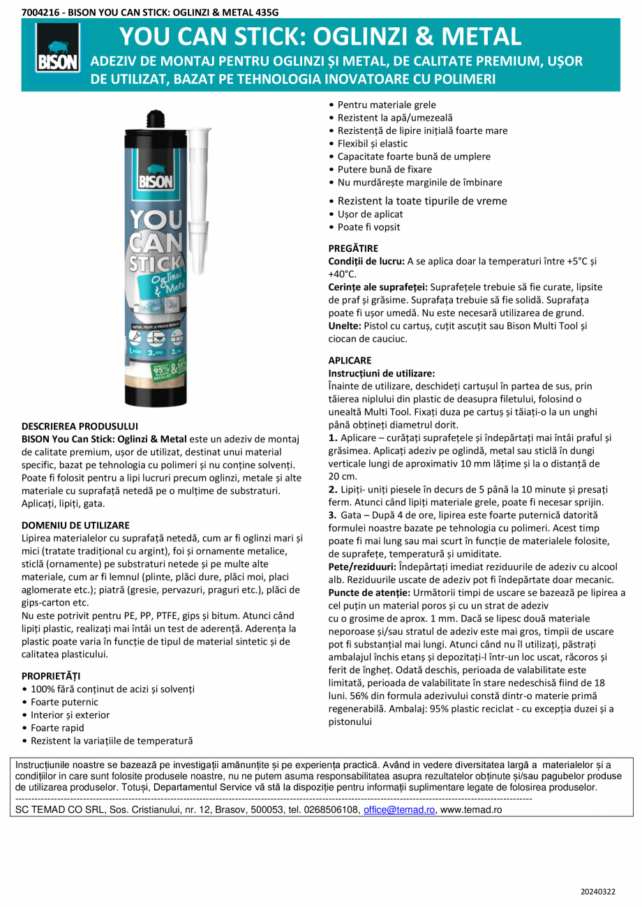 Pagina 1-Adeziv de montaj pentru oglinzi si metal BISON You Can Stick - oglinzi, metal Fisa tehnica Romana...