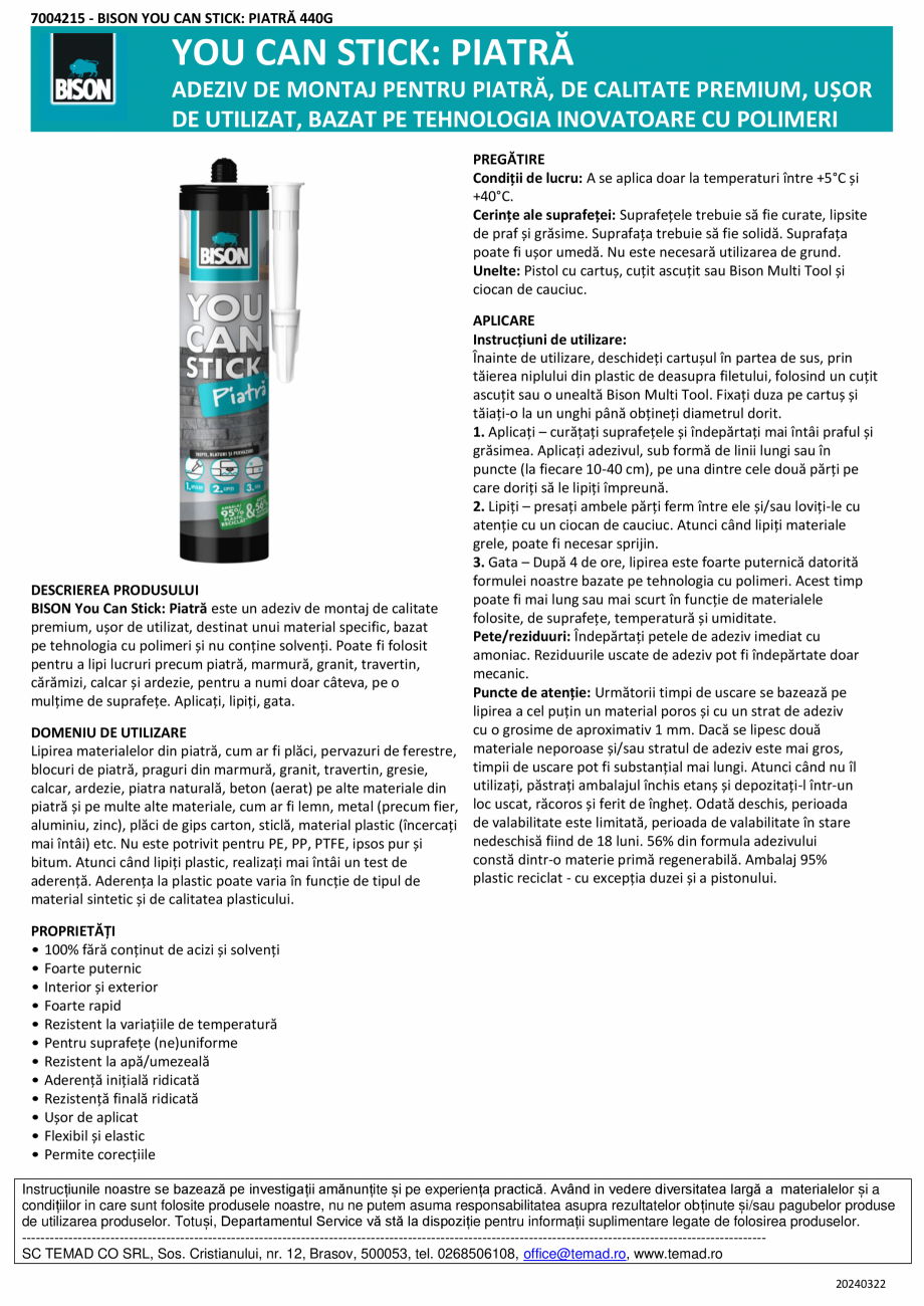 Pagina 1-Adeziv de montaj pentru piatra BISON You Can Stick - piatra Fisa tehnica Romana 7004215 - BISON YOU ...