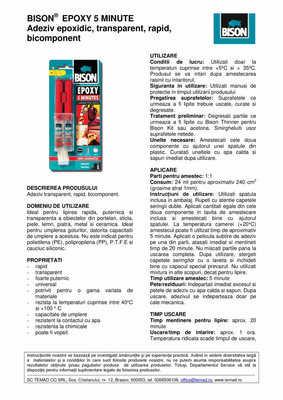 Pagina 1-Adeziv epoxidic, transparent, rapid, bicomponent  BISON Epoxy 5 minute Fisa tehnica Romana BISON®...