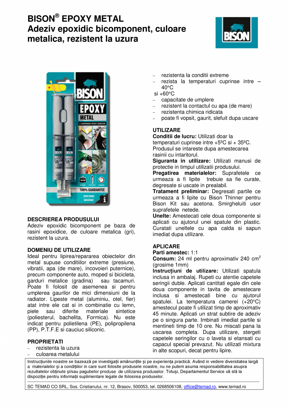 Pagina 1 - Adeziv epoxidic bicomponent, culoare  metalica, rezistent la uzura BISON Epoxy Metal Fisa...