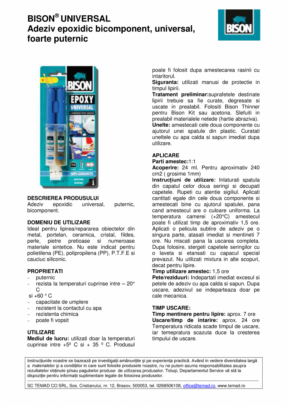 Pagina 1-Adeziv epoxidic bicomponent, universal,  foarte puternic BISON Epoxy Universal Fisa tehnica Romana...