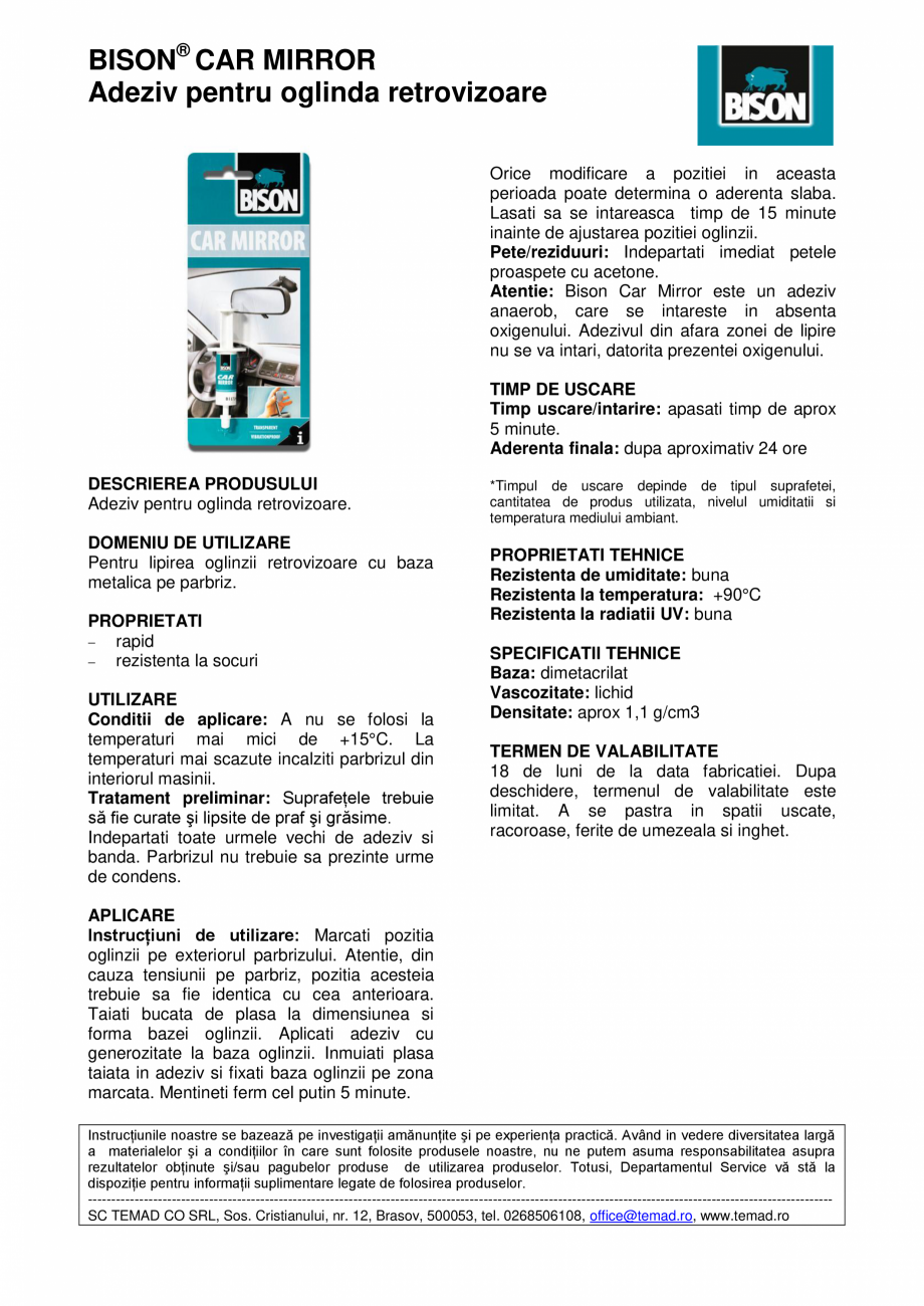 Pagina 1 - Adeziv pentru oglinda retrovizoare BISON Car Mirror Fisa tehnica Romana BISON® CAR...
