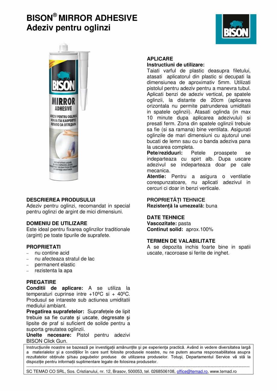 Pagina 1 - Adeziv pentru oglinzi BISON Mirror Adhesive Fisa tehnica Romana BISON® MIRROR ADHESIVE...