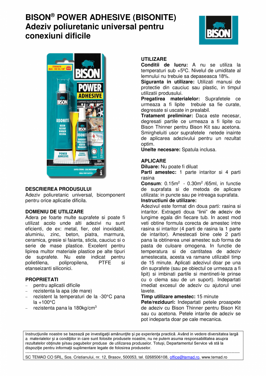 Pagina 1-Adeziv poliuretanic universal pentru conexiuni dificile BISON POWER ADHESIVE Fisa tehnica Romana...