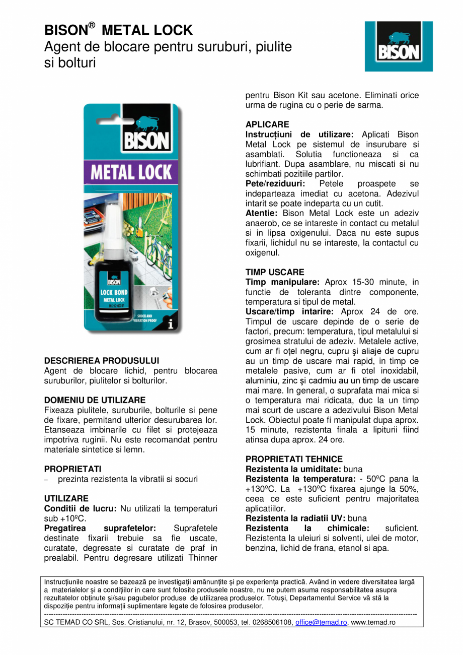 Pagina 1-Agent de blocare pentru suruburi, piulite si bolturi BISON Lock Bond Fisa tehnica Romana BISON®...