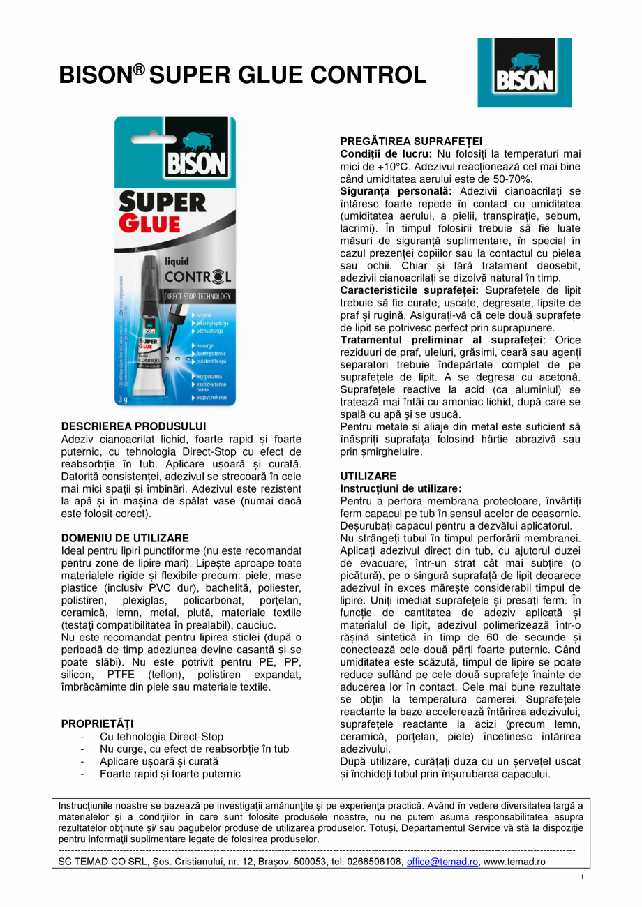 Pagina 1 - Adeziv cianoacrilat BISON Super Glue Control Fisa tehnica Romana BISON® SUPER GLUE...